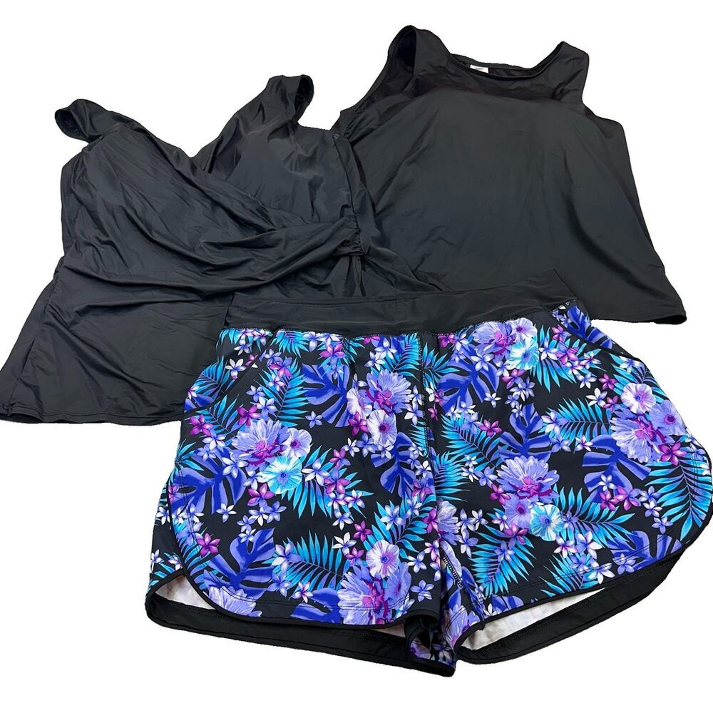 Lands End 20W 2 Pc Tankini Swim Set Black Floral 5” Board Shorts UPF 50